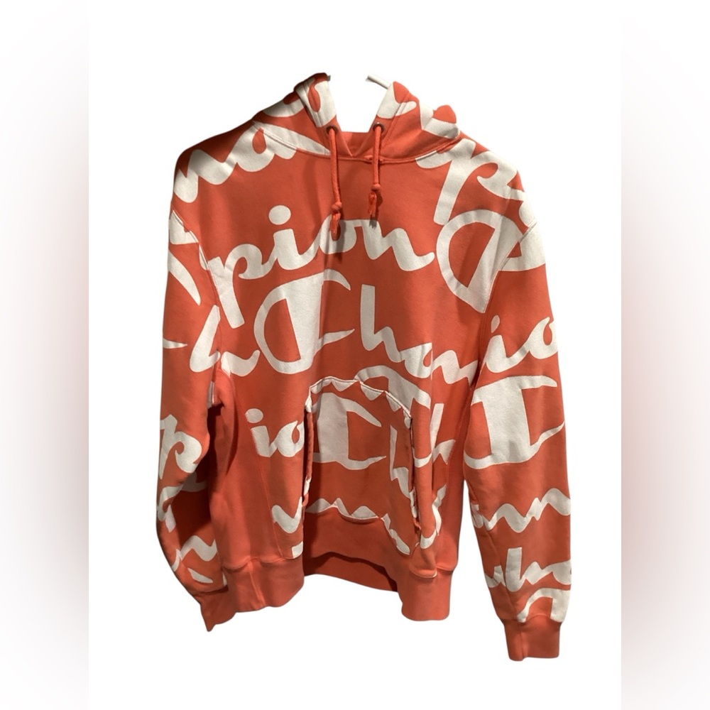 Champion Reverse Weave Coral and White Script Hoodie Size Large